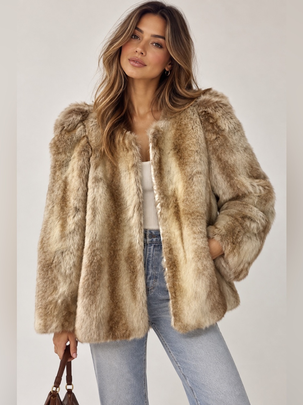 pins and needles women’s small tan faux fur jacket coat boho vintage inspired